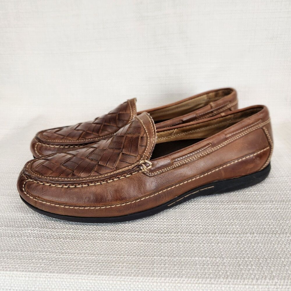 J&M Johnston Murphy Woven Slip On Loafers Men's 10M Brown Leather Sheepskin